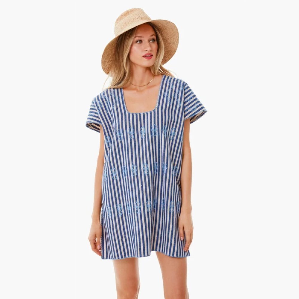 Tuckernuck Sullivan Embroidered Canvas Caftan sz S Blue Stripe Mini Swim Cover